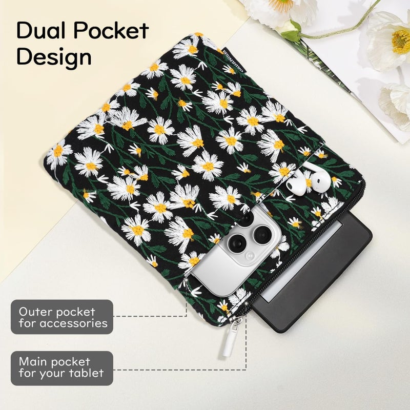 Dadanism Embroidered Daisy Padded Sleeve for All-New Kindle Paperwhite, 7" Kindle Colorsoft Signature Edition, Protective Sleeve Case for 6" K-indle/K-indle Oasis/Kobo E-Reader, Black & White Daisy - Image 4